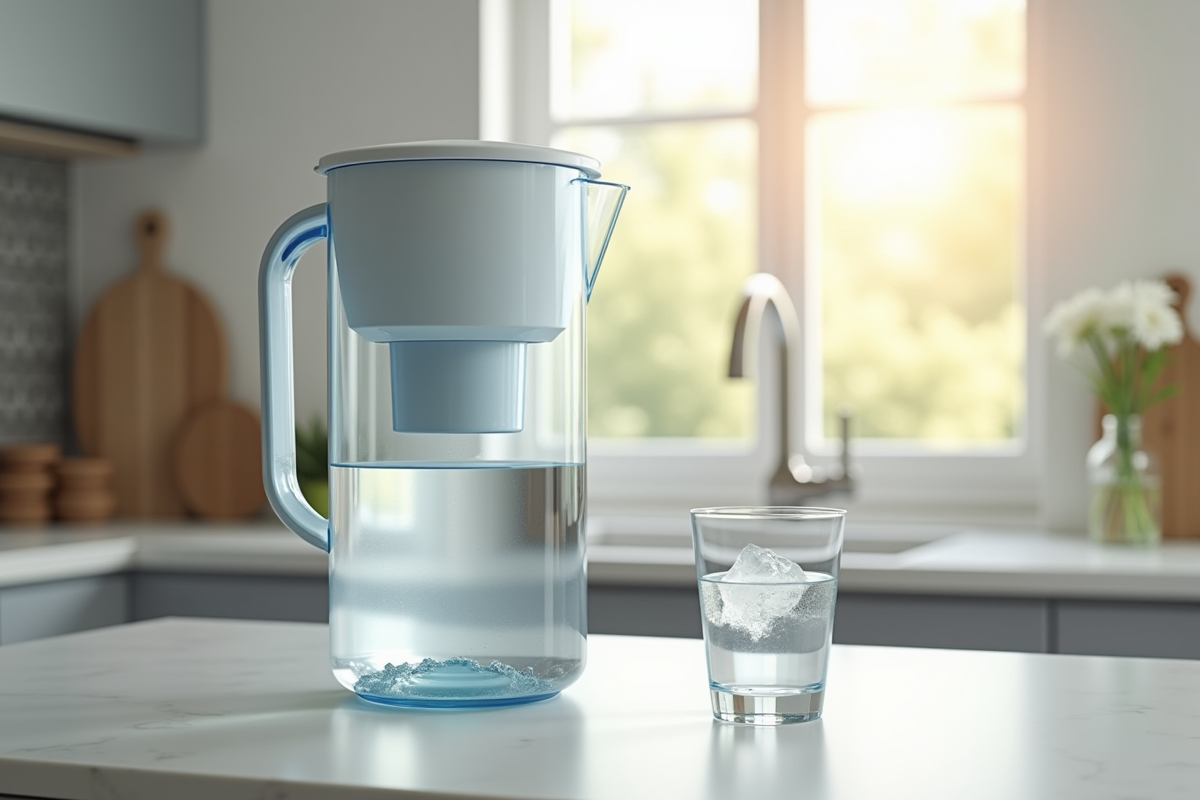 Carafe à filtration d'eau moderne dans la cuisine lumineuse