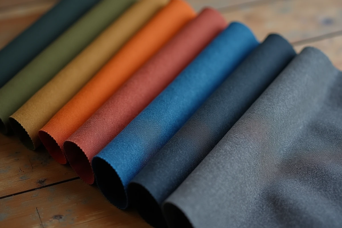 Échantillons de tissus coton enduits en différentes couleurs présentés en éventail sur une table en bois d'atelier