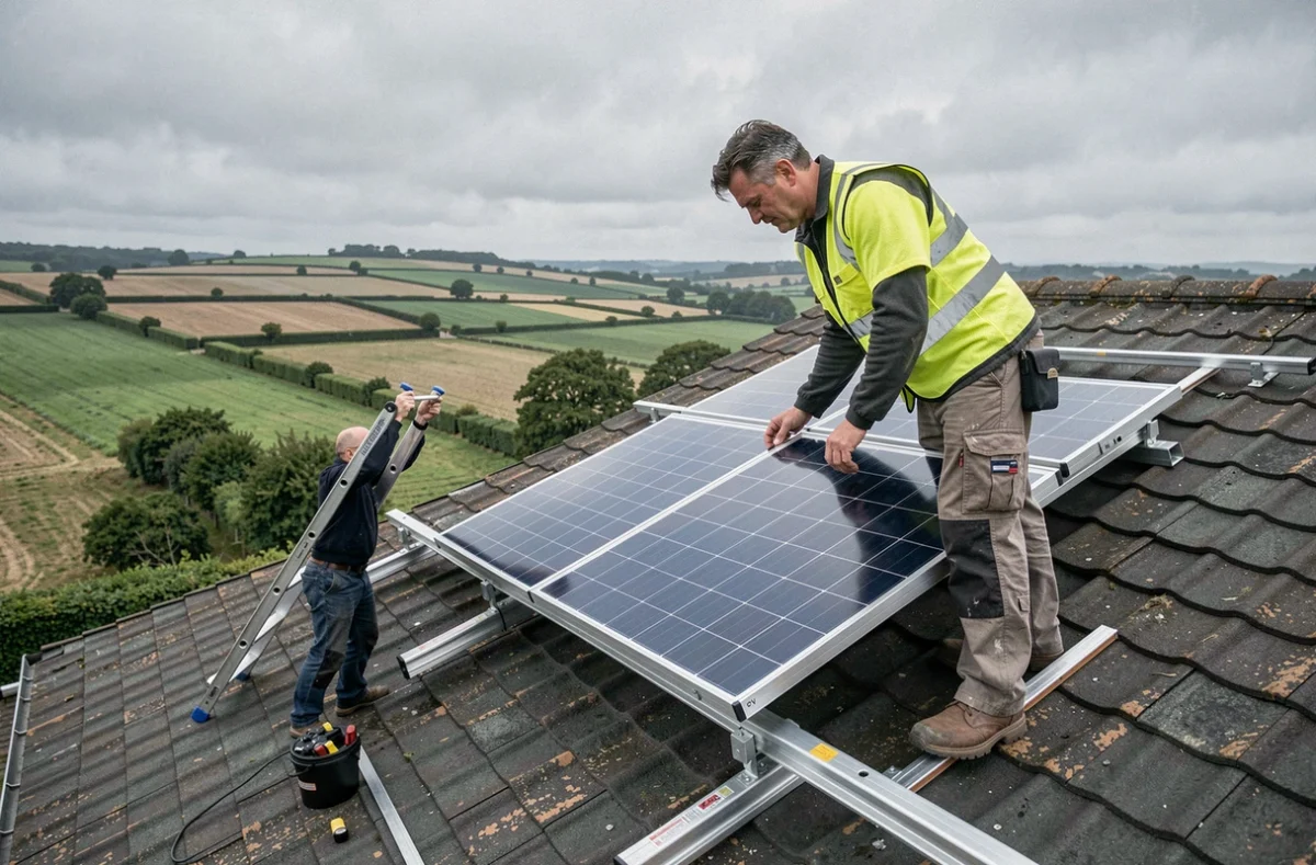 Installateur QualiPV d'ECP Ouest Larré posant un module photovoltaïque sur un toit résidentiel dans le sud du Morbihan