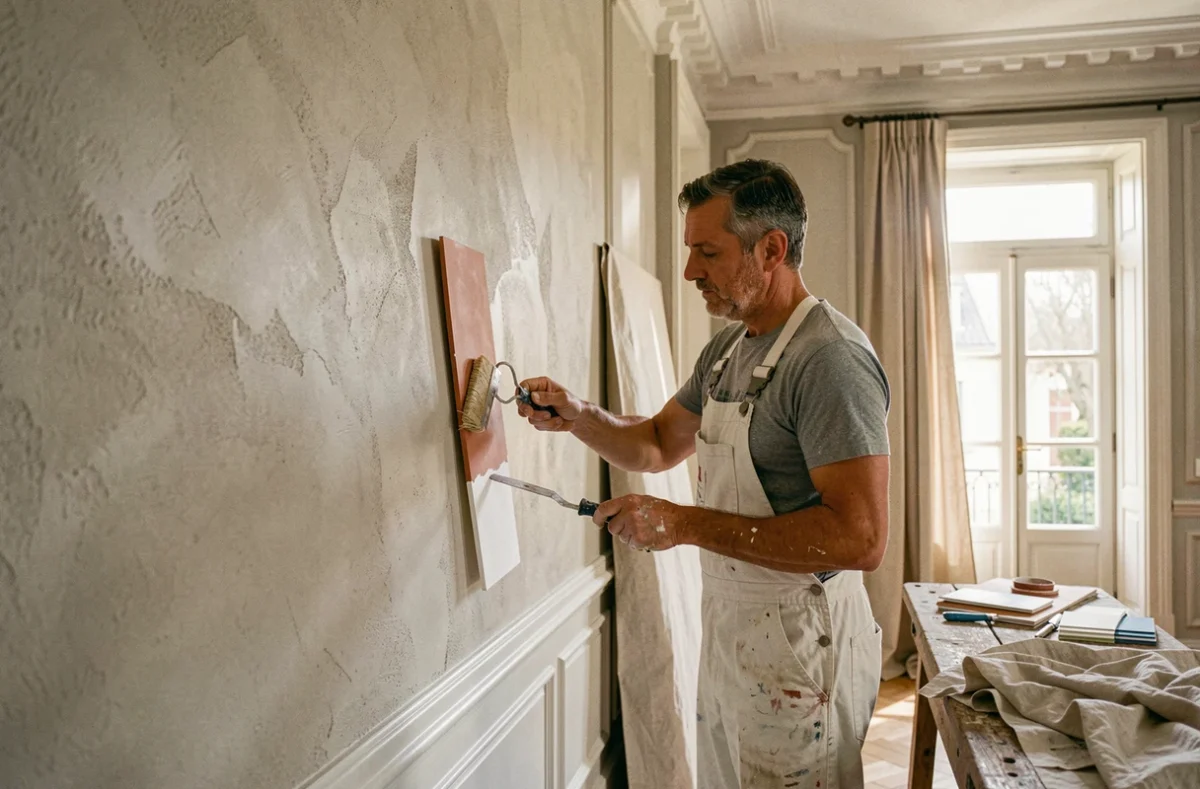Artisan peintre décorateur d'EDI Peintures & Fils appliquant un enduit décoratif sur le mur d'une maison française rénovée