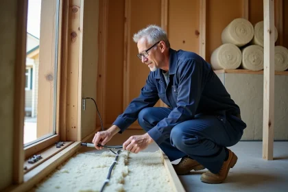Électricien installant des câbles dans une paroi isolée lors de travaux de rénovation intérieure