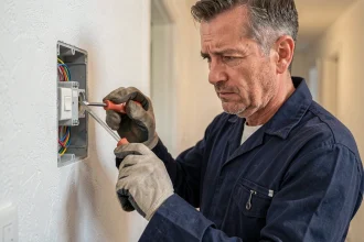 Électricien examinant un interrupteur va-et-vient Legrand lors d'un branchement dans un couloir résidentiel