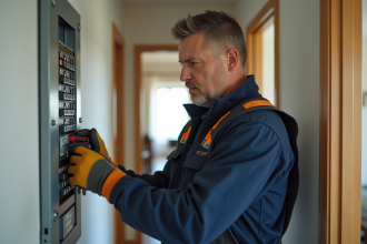 Électricien professionnel examinant un panneau électrique moderne
