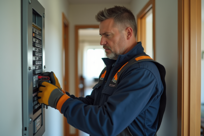Électricien professionnel examinant un panneau électrique moderne