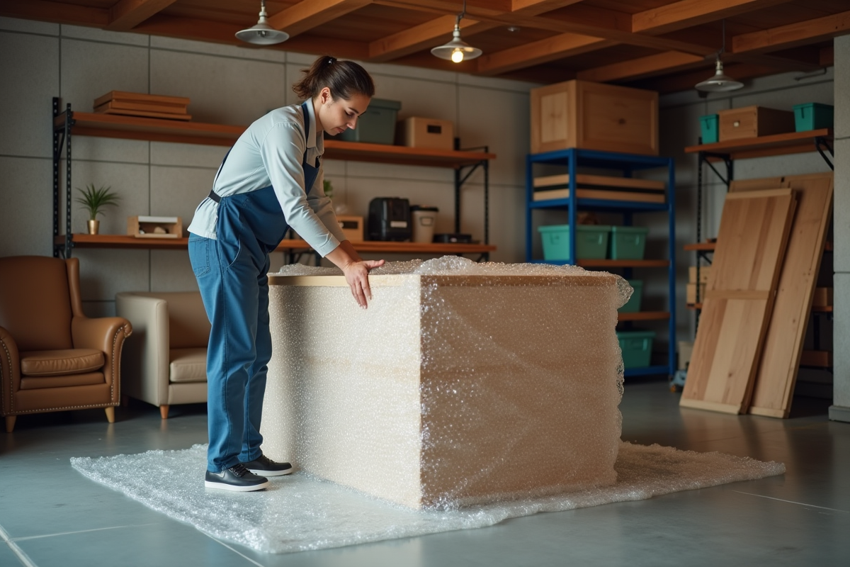 Personne emballant une table en garage organisé