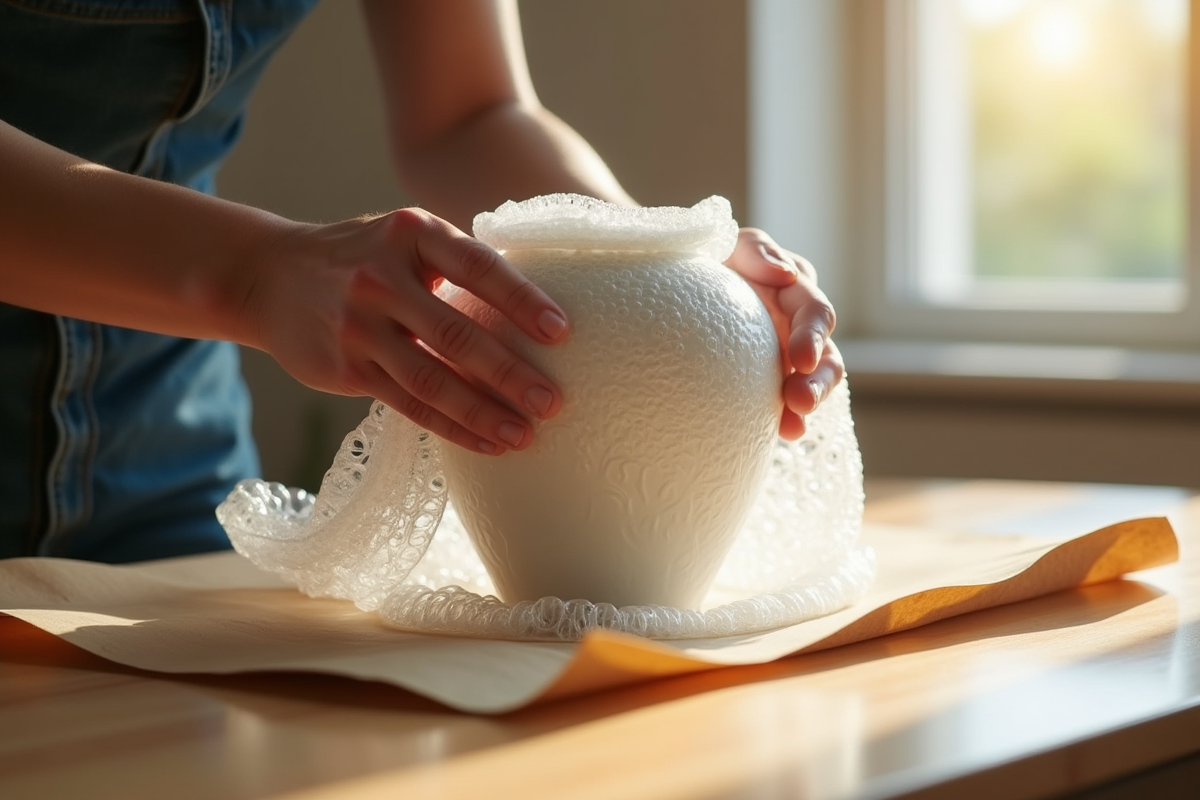 Personne emballant une porcelaine délicate avec bulle et kraft