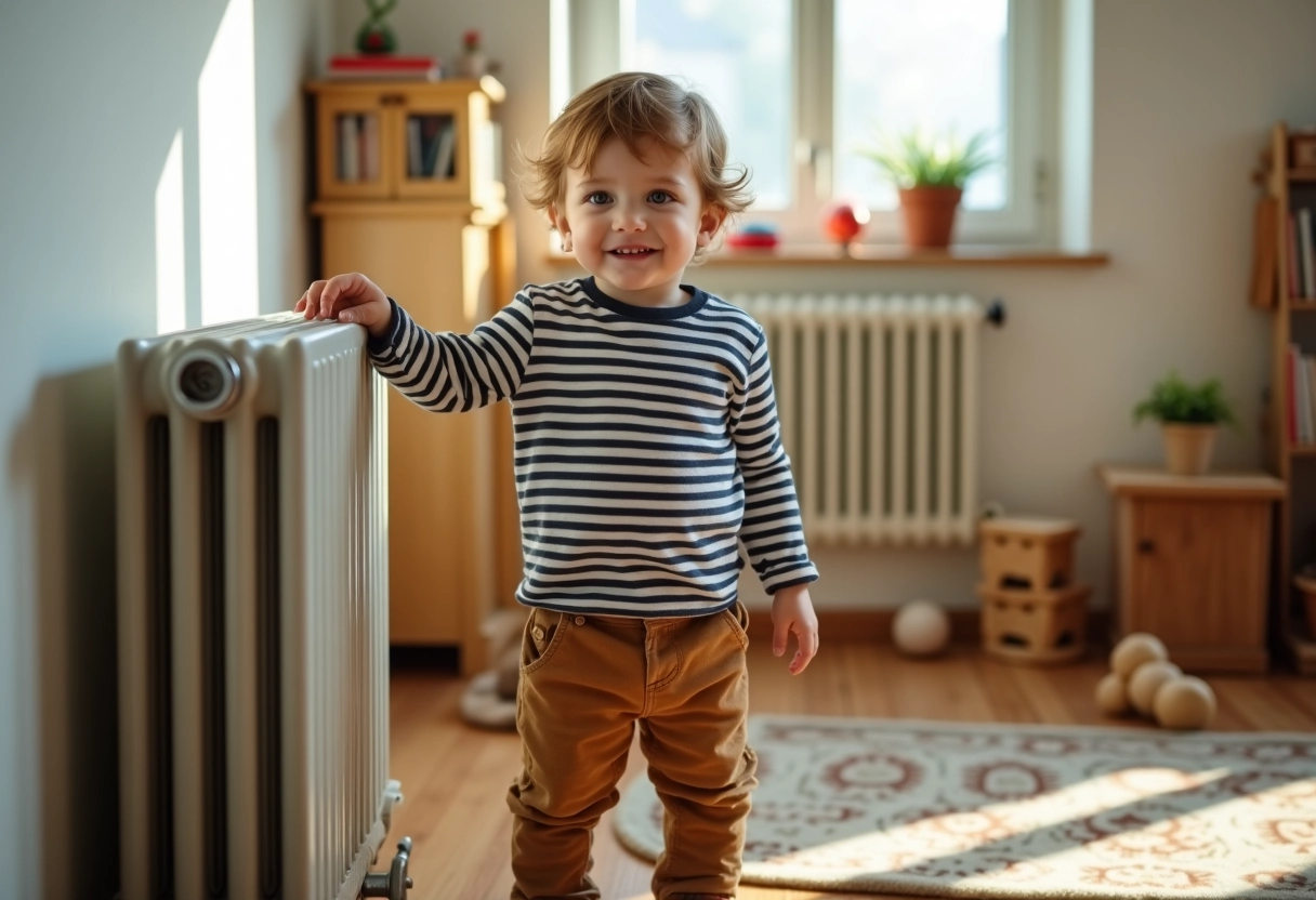 Garcon de cinq ans touche un radiateur dans la salle de jeux