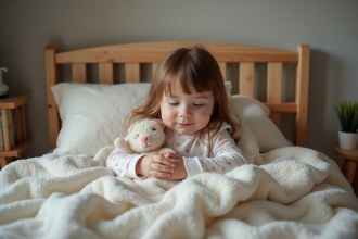 Fille de trois ans en pyjama douillet se blottissant dans son lit