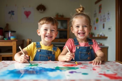 Deux enfants peignant avec des aquarelles &agrave; la maison