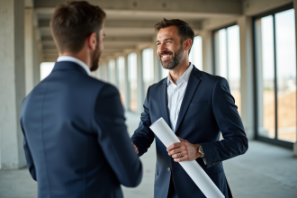 Entrepreneur en costume serré serrant la main d'un client dans un bureau moderne