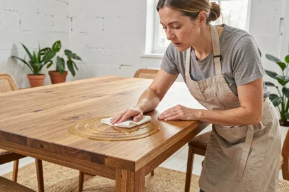 Femme appliquant de l'huile de teck sur une table en teck massif pour entretenir sa couleur dorée