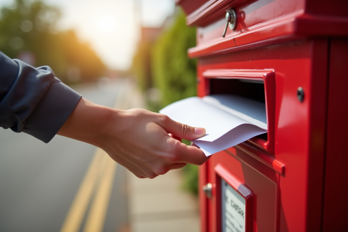 Main déposant une enveloppe dans une boîte aux lettres rouge ensoleillée