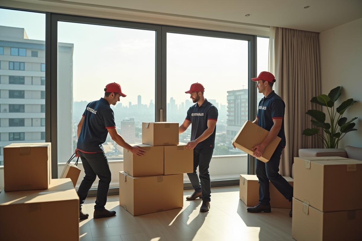 Équipe Emmaüs en action dans un appartement moderne