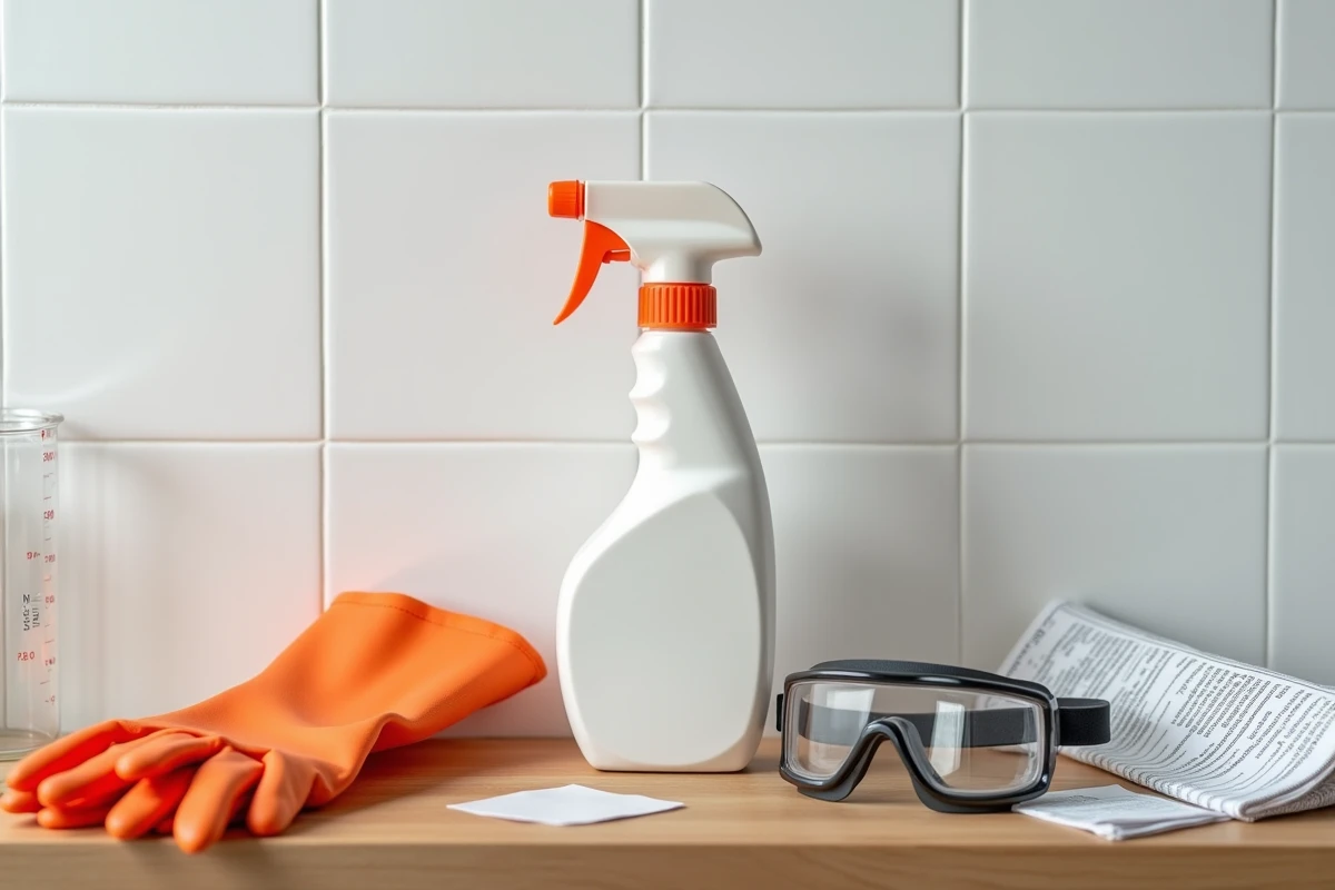 Équipements de sécurité et produit déboucheur à l'acide chlorhydrique disposés sur une étagère de salle de bain