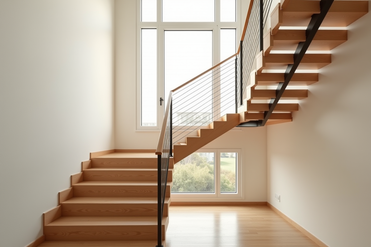 Escalier en bois moderne avec rampe métallique dans un appartement lumineux