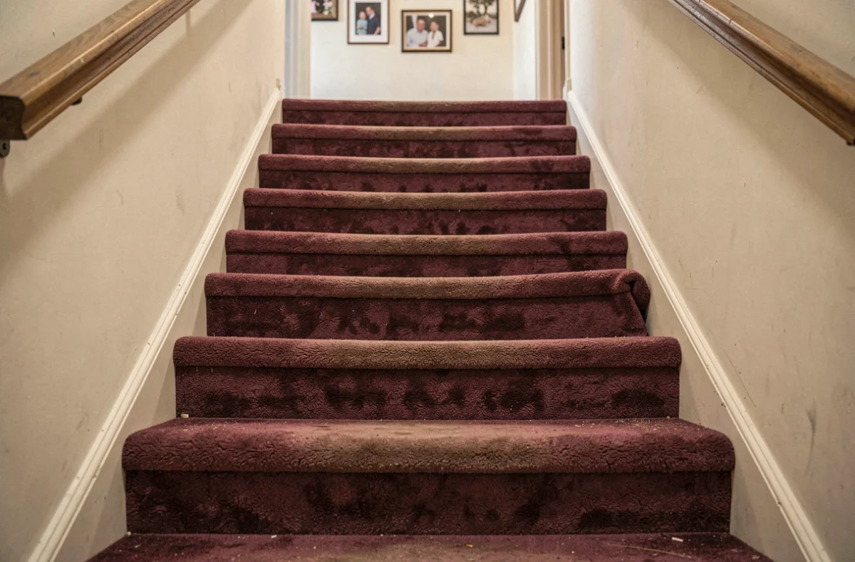Vue d'ensemble d'un escalier recouvert de moquette bordeaux usée avec coutures mal alignées et coins décollés