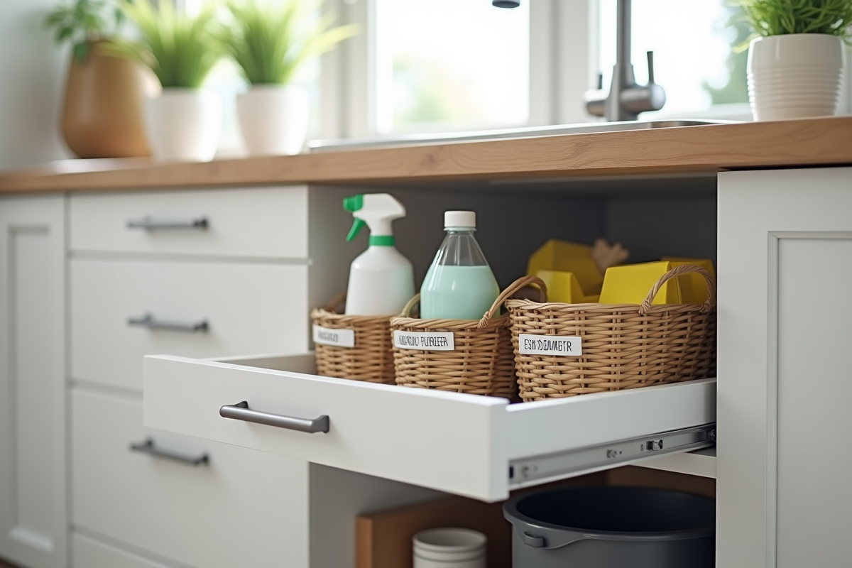 Espace organisé sous l'évier de cuisine avec rangements modernes