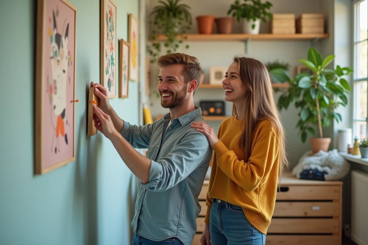 Deux etudiants accrochant des oeuvres murales dans un salon