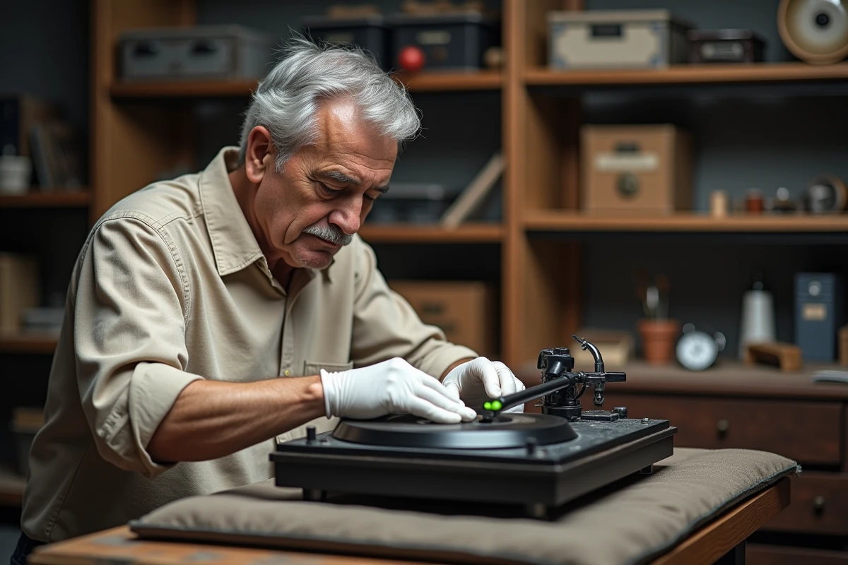 Expert en restauration examinant le plateau d'un gramophone vintage avec des gants de coton blanc dans un atelier spécialisé, symbolisant les bonnes pratiques de conservation