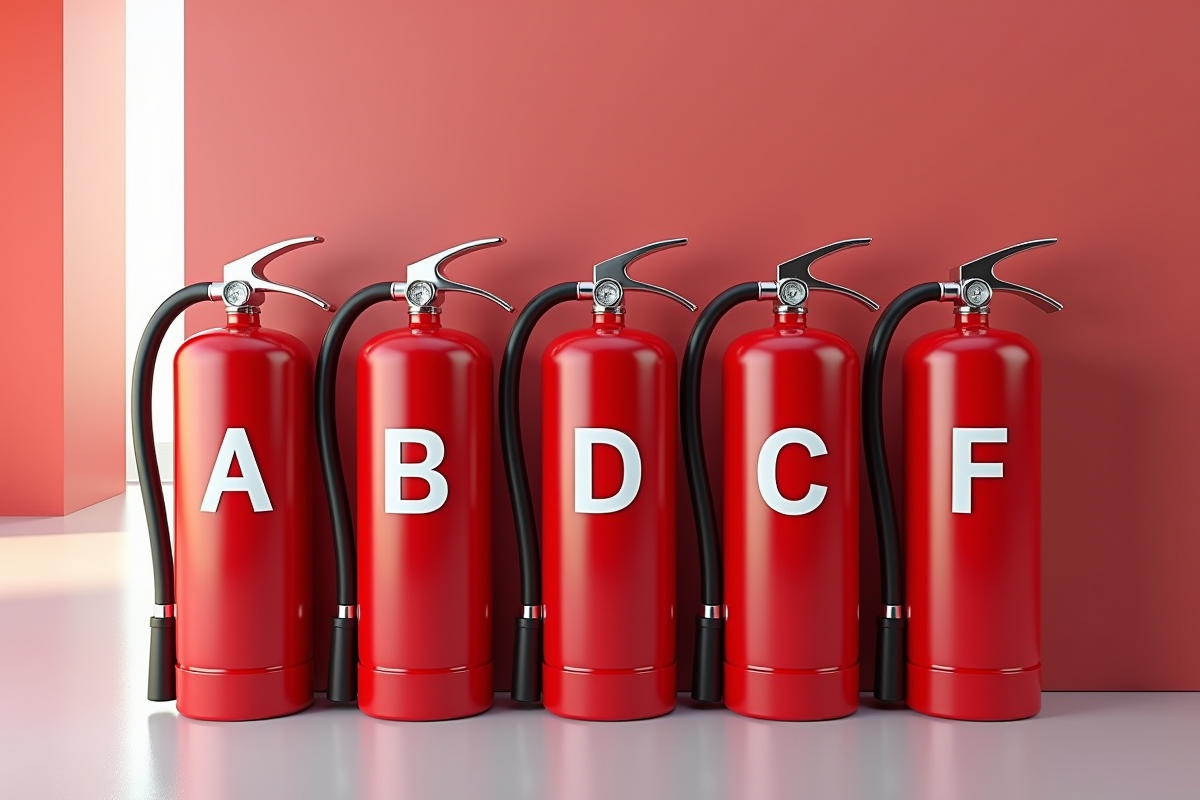 Cinq extincteurs de sécurité incendie avec symboles de classe