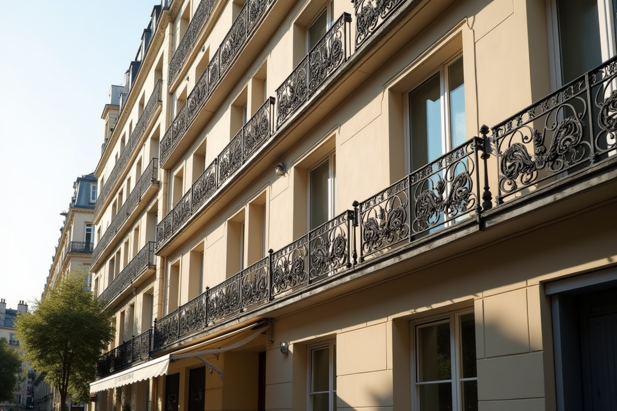 Façade d'un appartement parisien moderne avec balcon long
