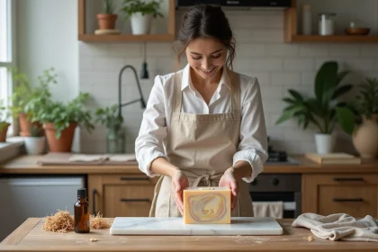 Femme versant du savon fondu dans un moule en silicone
