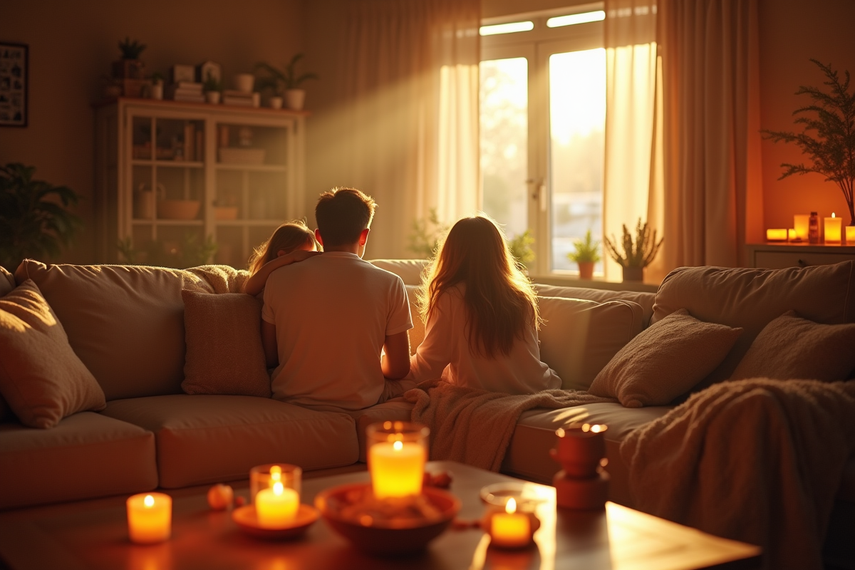 Famille dans un salon avec chauffe-thermal en pot en terre et bougies