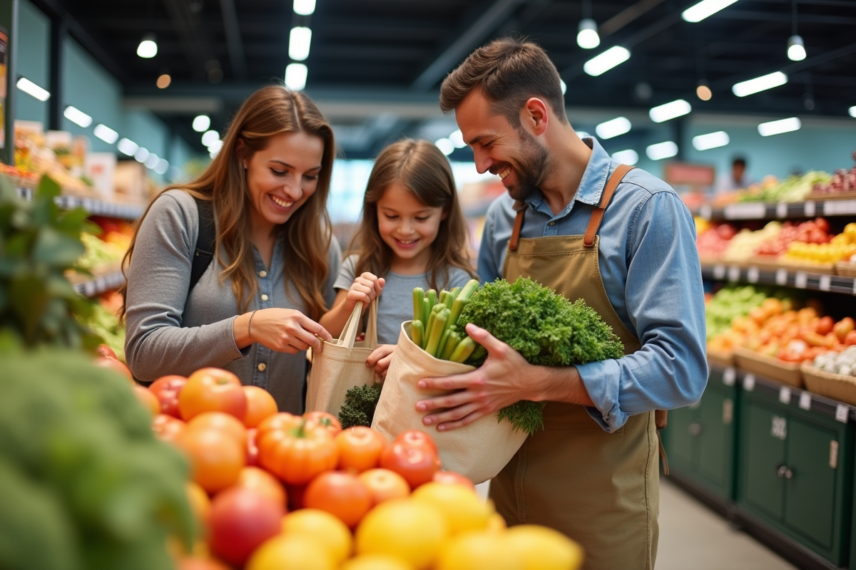 Famille australienne faisant ses courses avec des sacs réutilisables