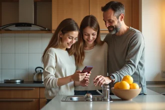 Famille dans la cuisine moderne avec la fille pointant le compteur d'eau