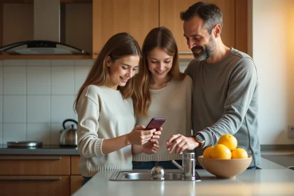 Famille dans la cuisine moderne avec la fille pointant le compteur d'eau