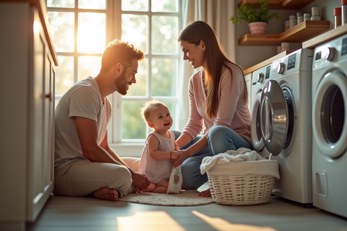 Famille heureuse dans la buanderie ensoleillee