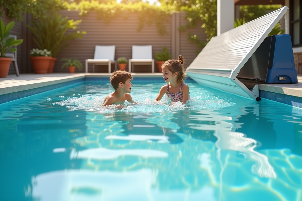 Deux enfants jouent dans une piscine avec couverture partielle