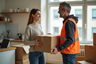 Femme souriante aidant un homme lors d'un déménagement dans un appartement lumineux