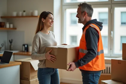 Femme souriante aidant un homme lors d'un d&eacute;m&eacute;nagement dans un appartement lumineux