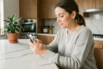 Femme utilisant une application de services à domicile sur smartphone dans une cuisine moderne, illustrant la facilité des plateformes d'aide en ligne comme Stootie