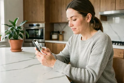 Femme utilisant une application de services à domicile sur smartphone dans une cuisine moderne, illustrant la facilité des plateformes d'aide en ligne comme Stootie