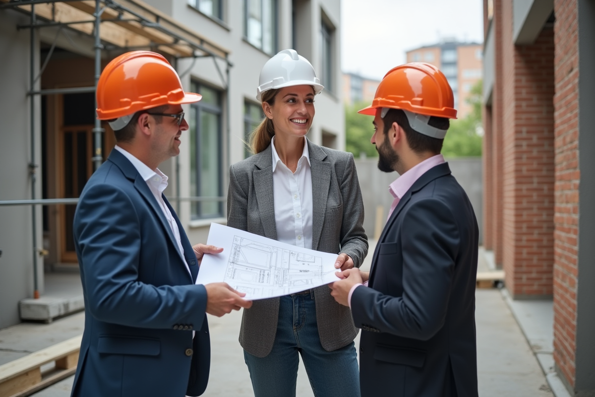 Femme entrepreneur inspectant un plan de construction avec des ouvriers sur un chantier