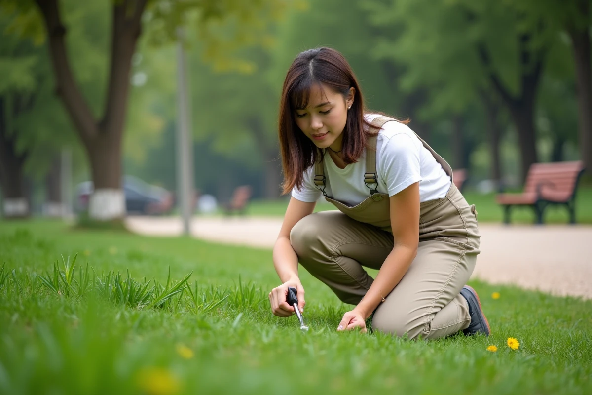 Jeune femme en salopette en train d