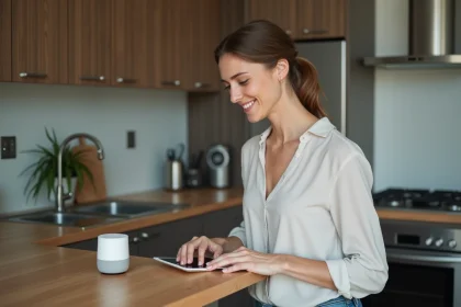 Femme souriante utilisant un assistant vocal dans la cuisine moderne
