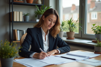 Femme concentrée à son bureau avec documents officiels