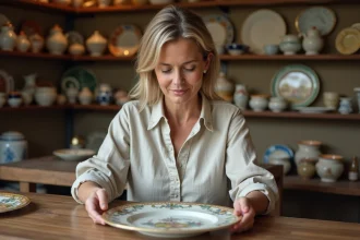 Femme étudie une assiette Quimper en faience dans une boutique