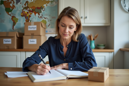 Femme réfléchissant en écrivant une checklist dans la cuisine