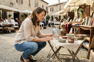 Femme chinant un vase ancien sur un stand de vide-grenier en plein air dans un village du 79