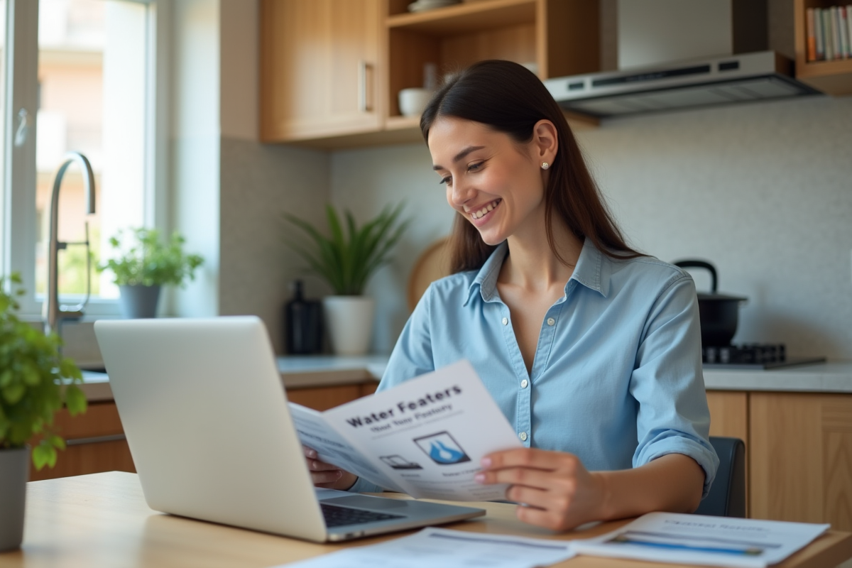 Femme compare des brochures de chauffe eau dans la cuisine