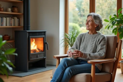 Femme détendue près d'un poêle à pellets dans un salon écologique