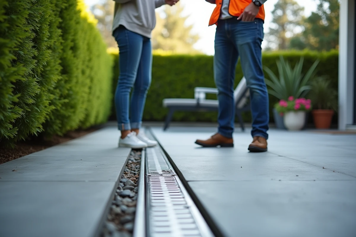 Jeune femme discute avec un professionnel sur une terrasse en béton