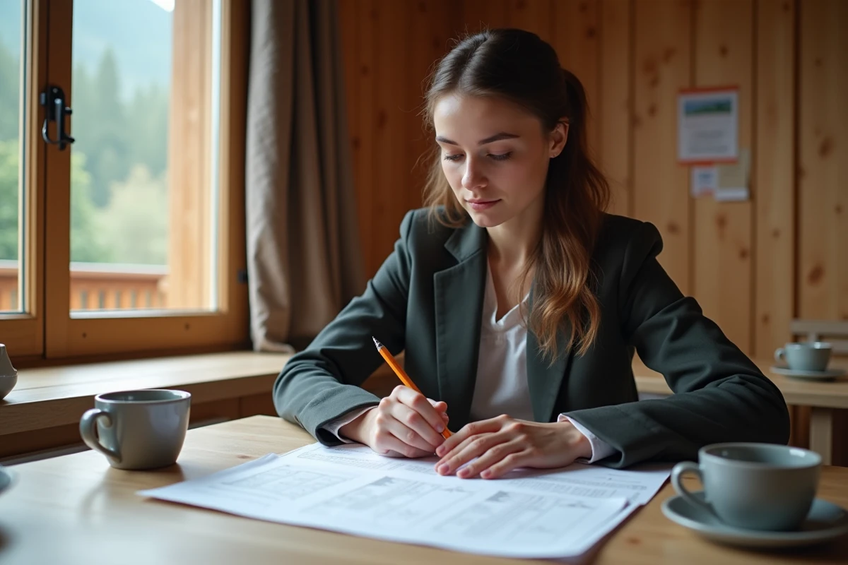 Femme jeune &eacute;tudie contrat de chalet &agrave; l&rsquo;int&eacute;rieur