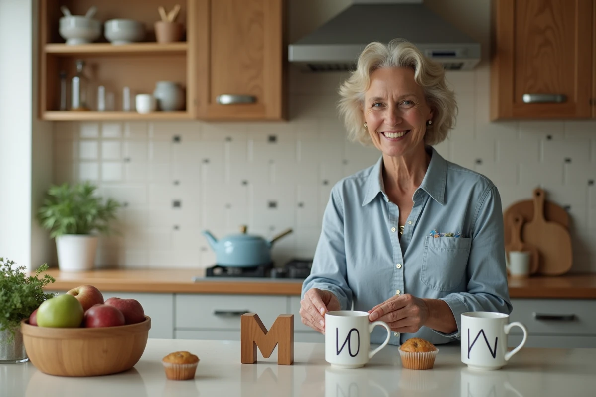 Femme souriante triant des objets avec M dans la cuisine