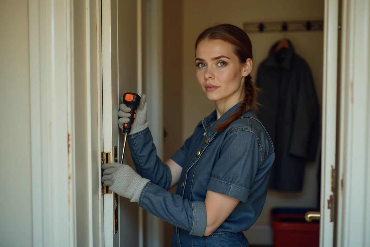 Femme utilisant un tournevis pour dévisser une vis coincée sur une charnière de porte intérieure