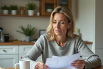 Femme consultant des documents d'assurance habitation à une table de cuisine moderne, illustrant la simplicité de choisir une assurance avec Agorenovation.fr